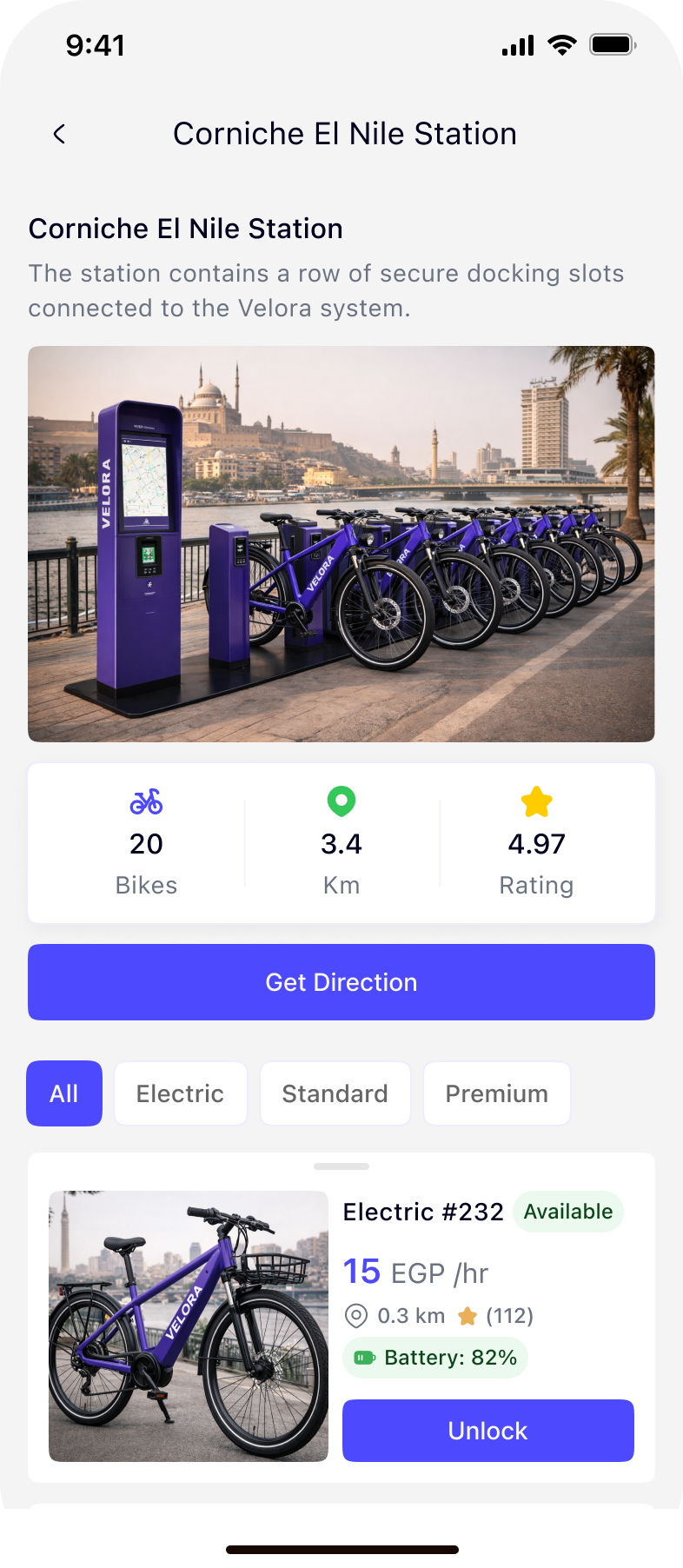 Corniche El Nile station, with bike count, distance and the list of available bikes